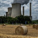 Vertical shot of rising smoke making the air polluted and hayricks in the field