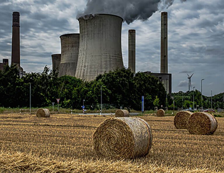 Vertical shot of rising smoke making the air polluted and hayricks in the field