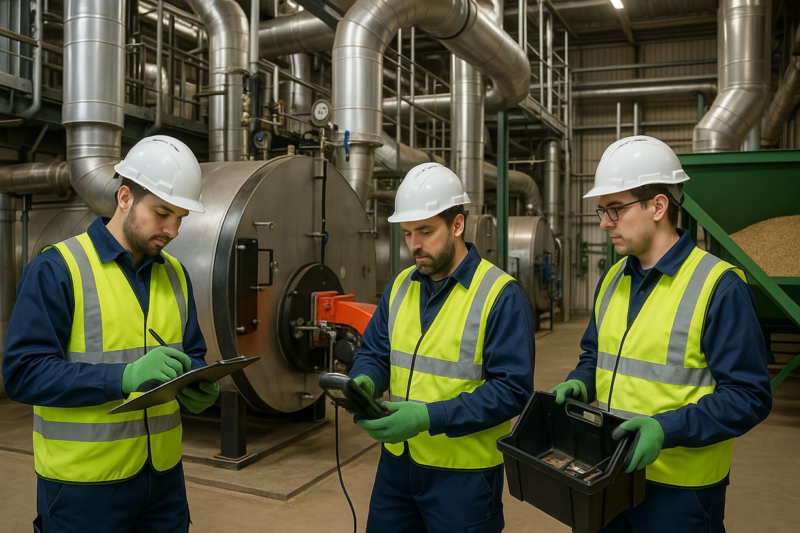 Biomass renewable energy facility with wood pellets and processing equipment