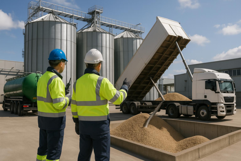 Biomass renewable energy facility with wood pellets and processing equipment